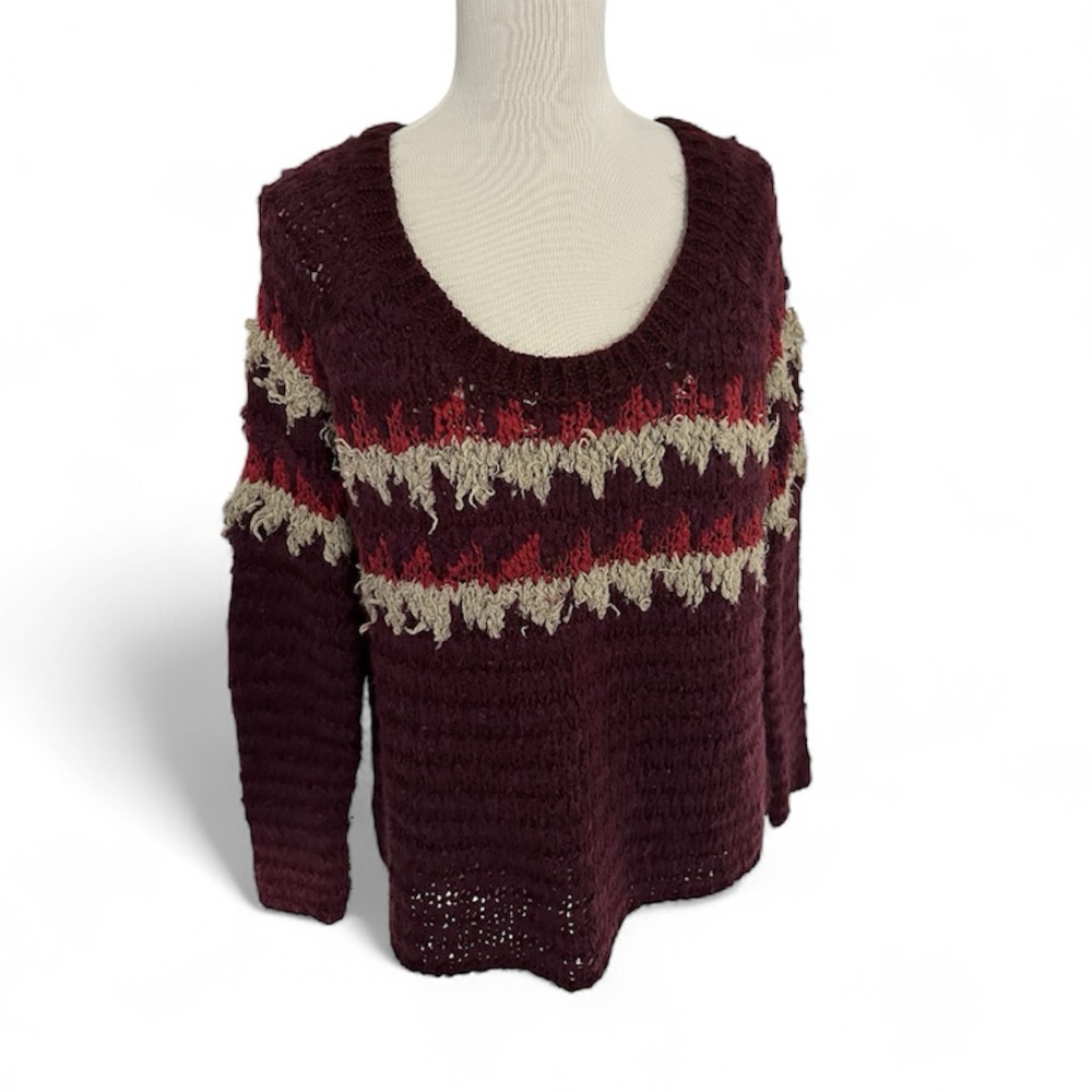 Free People Burgundy Taupe Red Patterned Distressed Sweater Sz M